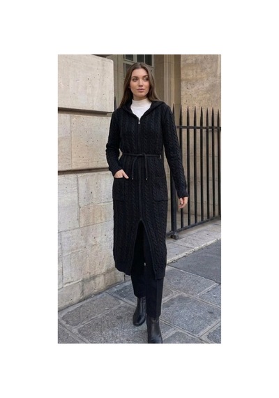 Onno Style Women Saç Örgü Triko Uzun Kadın Hırka Siyah