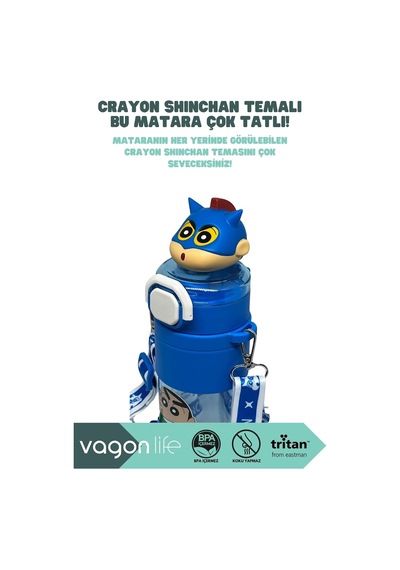 650ml Crayon Shinchan Figürlü Kapak Pipetli/pipetsiz Kullanım El Askılı Tritan Su Matarası Lacivert Çok Renkli