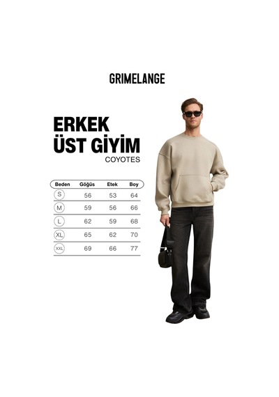 Grimelange Coyotes Erkek Bisiklet Yaka Kangru Cepli Organik Pamuk Regular Fit Açık Haki Sweatshirt Açık Haki