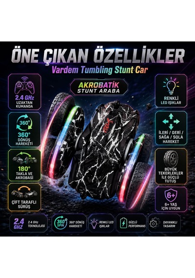 Vardem Uzaktan Kumandalı Renkli Akrobat Araba, Full Fonksiyon 2.4g Çift Yönlü Şarjlı Rc Araç, Işıklı Dönen Tekerlekli Stunt Oyuncak Araba, Çocuklar İçin Kumandalı Akrobatik Araba H01-h02-h03 Siyah Açık Pembe