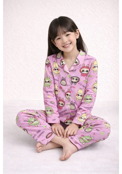 Beka Kids Labubu Desenli Uzun Kollu Önden Düğmeli Gömlek Yaka Kız Çocuk Pijama Takımı %100 Pamuklu Bej Beka Kids Labubu Desenli Uzun Kollu Önden Düğmeli Gömlek Yaka Kız Çocuk Pijama Takımı %100 Pamuklu Bej