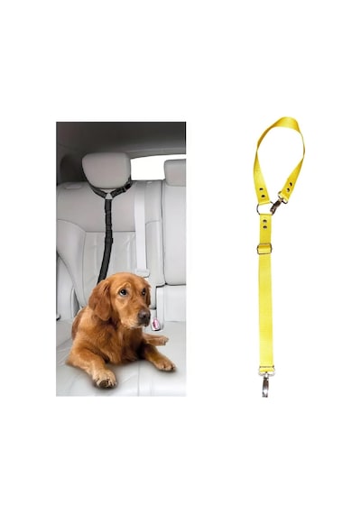 Araç İçi Köpek Emniyet Tasması, Ayarlanabilir Metal Kancalı Sarı