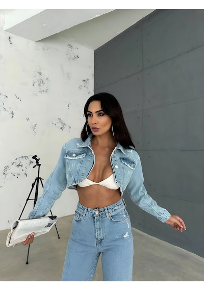 Havens Aleya Denim Crop Ceket Mavi
