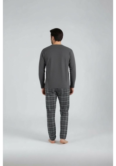 Lukitus Uzun Kol Sıfır Yaka Pamuklu Erkek Pijama Takımı Füme Vlknekose Füme