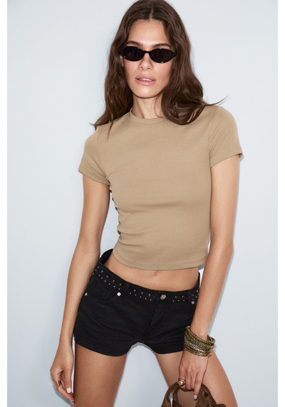 ETHIQUET Ethıquet Zolen Kadın Yumuşak Ve Esnek Kumaşlı Organik Pamuklu Kısa Kollu Crop Vizon T-shirt