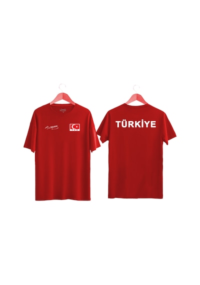 Türkiye Yazılı Atatürk İmzalı Türk Bayrağı Baskılı Tişört Ayyıldızlı T-shirt Kirmizi