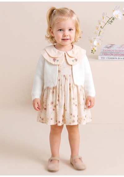 Babymod Bebe Yaka Çiçek Desenli 100% Pamuk Müslin Triko Hırkalı Kız Bebek Elbise Ekru