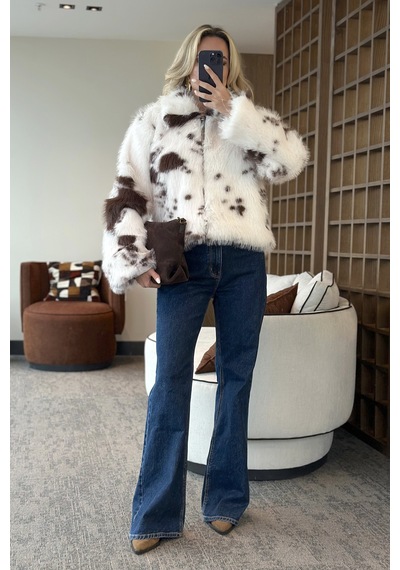Laluvia Ekru Kahverengi Desenli Fermuarlı Kürk - 85154 Ekru