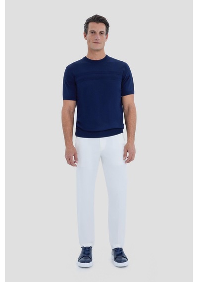 Sabri Özel Erkek Lacivert Dar Kesim Slim Fit Viskon Jakarlı Triko Bisiklet Yaka Tişört