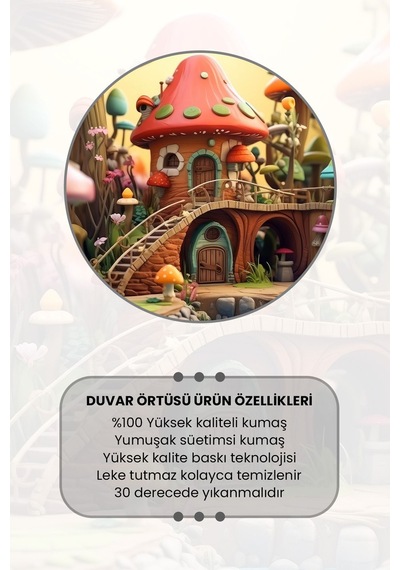 Mantar Köyü Desenli Duvar Halısı Duvar Örtüsü Çocuk Odası Tapestry Süet Dokulu Kumaş