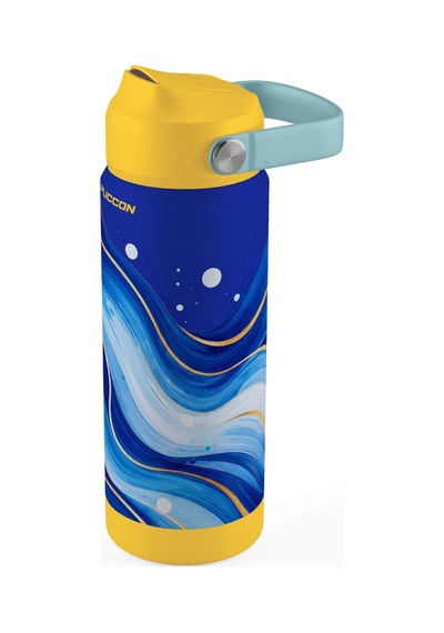 Puccon 540 Ml Mavi Dalga Desenli Lacivert - Sarı Erkek Çocuk Pipetli Çelik Termos Matara/suluk - 60061