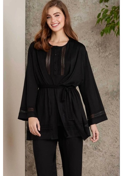 Pierre Cardin 2800 Kadın Penye Dantelli Sabahlıklı Pijama Takım-siyah Siyah