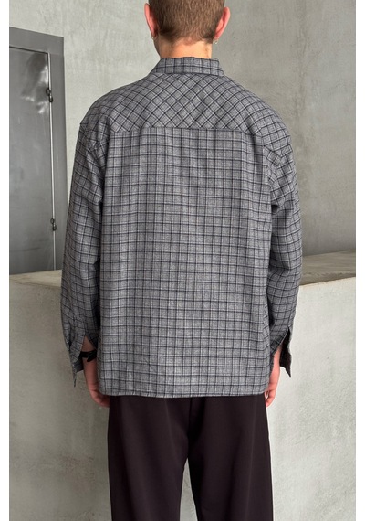 Erkek Oversize Kesim Kareli Gömlek Gri