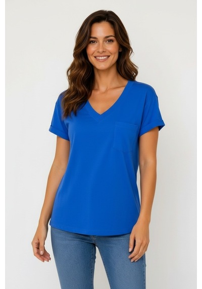Lyvean V Yaka Cepli Oversize Tshırt Saks Mavi