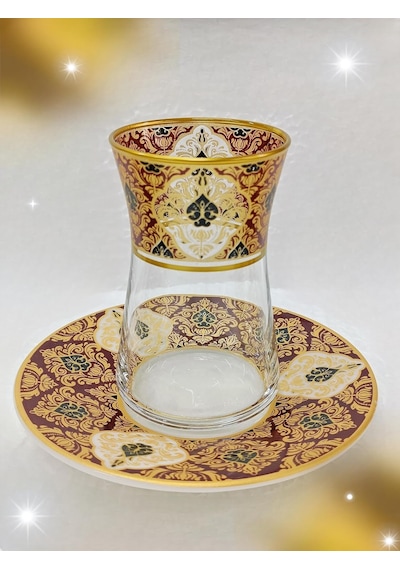 Heybeli Altın Bordo Desenli Cam Porselen Çay Seti 6 Kişilik Tea Set For 6 Persons Premium Porcelain çok renkli