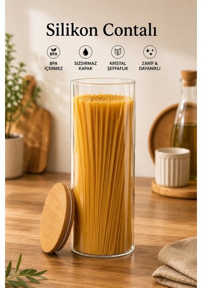 Porsima 12'li Bambu Ahşap Kapaklı Cam Kavanoz Seti 2100 Ml, 1650 Ml, 1300 Ml, 750 Ml Erzak & Baharatlık Bambu - Şeffaf