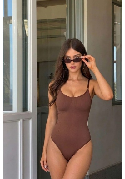 Kadın Slip Kalıp Kahverengi Body Örme Orta Destek