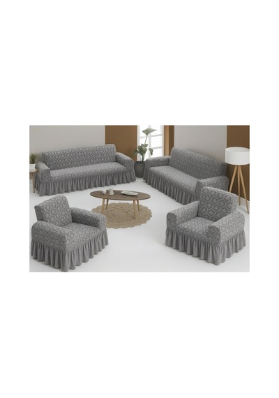 Jakarlı Şal Desen Koltuk, Kanepe, Çekyat Örtüsü, Likralı, Etekli, Koltuk Kılıfı 3+3+1+1 Takım Gri - 797175283 Gri