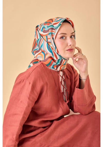 Silk Home Twill İpek Eşarp 11471-35 Kahverengi, Somon, Turuncu, Petrol Mavi, Mercan