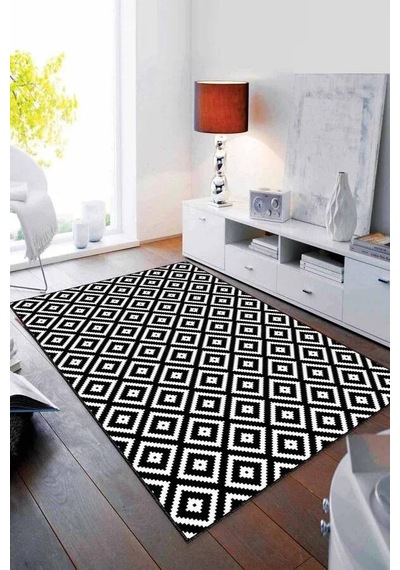 Siyah Beyaz Karo Desen Kaymaz Tabanlı Dekoratif Halı Rv181n11 Siyah - Beyaz