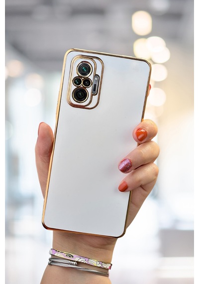 Fibaks Redmi Note 10 Pro Uyumlu Kılıf Parlak Kenarlı Altın Işlemeli Kamera Korumalı Kapak Beyaz