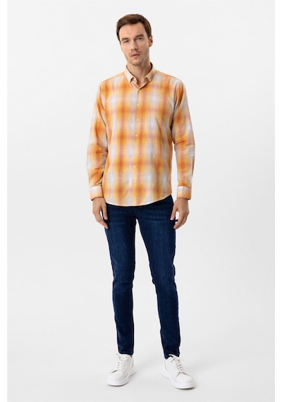 Süvari Turuncu Slim Fit Desenli Düğmeli Yaka Gömlek
