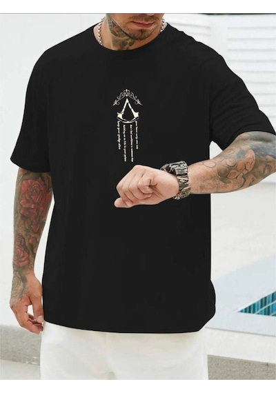 Altamira Erkek Siyah V Dikey Baskılı Oversize Bisiklet Yaka T-shirt 001