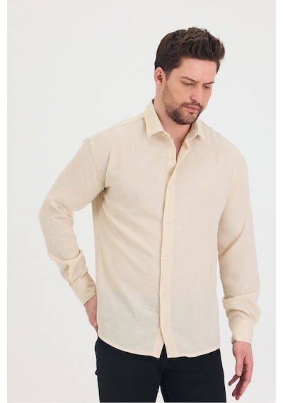 Cool Tarz Erkek Slim Fit Dar Kalıp Uzun Kol Pamuklu Keten Efekt Gömlek Krem Krem