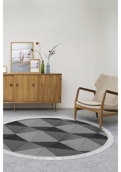 Alanur Home Kaymaz Dijital Mutfak & Salon Halı Star Pamuk Saçaklı Yuvarlak Geometrik E5030 gri