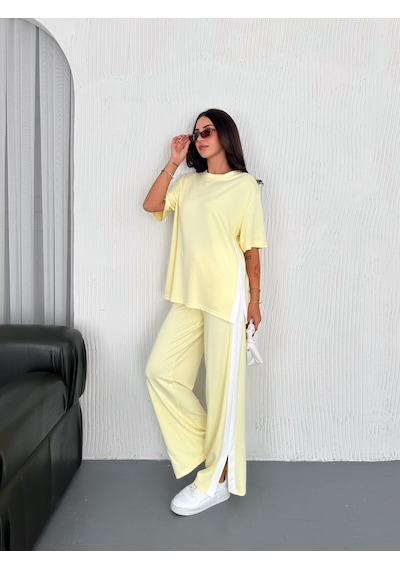 Elaxi Modal Şeritli Yırtmaç Detaylı Pantolon Tişort Takım Sarı