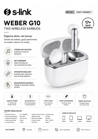 Weber G10 Bluetooth 5.1 Kablosuz Tws Kulaklık