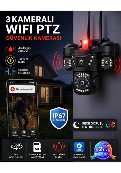 Onqam Onw2363 3 Kameralı Wifi Ptz Güvenlik Kamerası 6mp Ultra Hd 360 Derece Dış Mekan Ip66 Gece Görüşlü