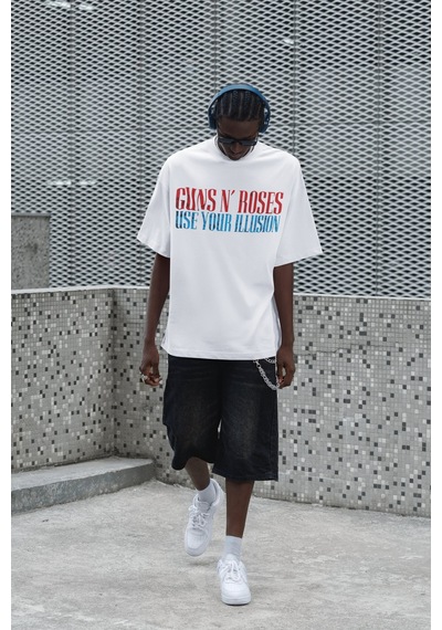 Sevbano Guns N' Roses Use Your Illusion Yazılı Sırt Baskılı Unisex Oversi Beyaz
