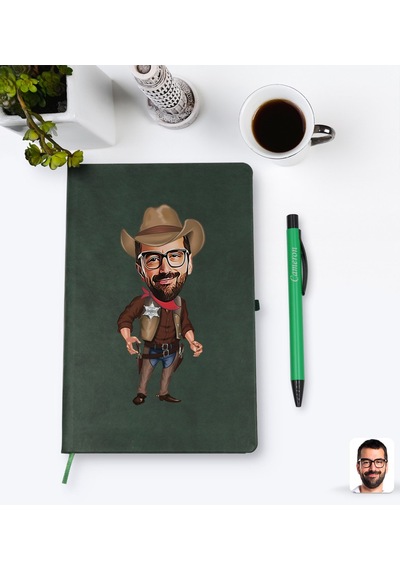 Kişiye Özel Kovboy Karikatürlü Yeşil Termo Deri Defter Kalem Seti N11.839