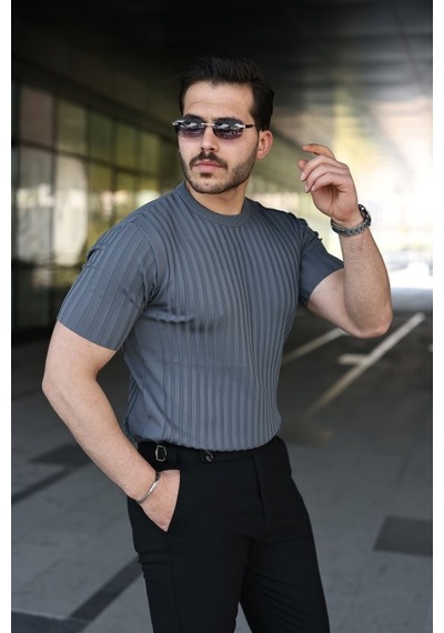 Veraura Lifestyle Erkek Fitilli Bisiklet Yaka Kısa Kollu Tişört Antrasit