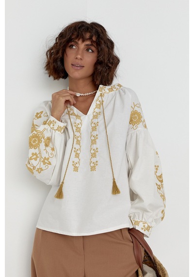 Femelle Kadın Ekru Püsküllü Nakış İşlemeli Vintage Bluz