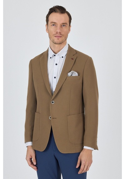 İmza Koyu Vizon Mono Yaka Gofreli Esnek 6 Drop Slim Fit Casual Ceket 1002250125 Koyu Vizon