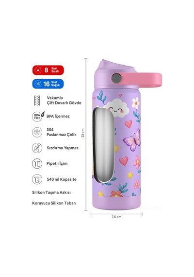 Puccon 540 Ml Sevimli Lama Baskılı Lila - Beyaz Kız Çocuk Pipetli Çelik Termos Matara/suluk - 60047