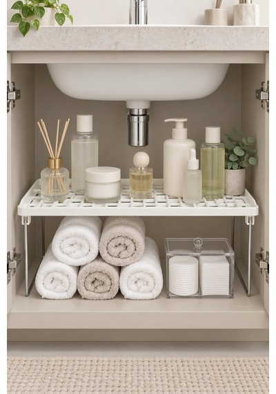 Katlanabilir Metal Ayaklı Dolap İçi Raf Yükseltici 36x22x16 Cm Mutfak Ve Banyo Düzenleyici Organizer Beyaz
