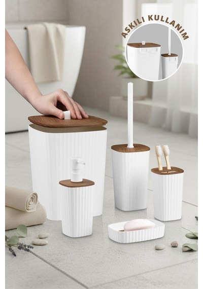 Safir Beyaz Ahşap Desenli Çizgili Banyo Seti 5 Parça Plastik
