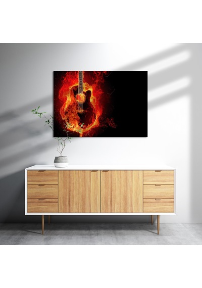 Cakasepetim Alevler İçinde Gitar Ahşap Mdf Tablo