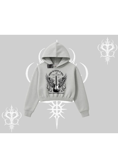 Kapşonlu Crop Sweatshirt Born To Rock Eternal Flame Legacy Gri