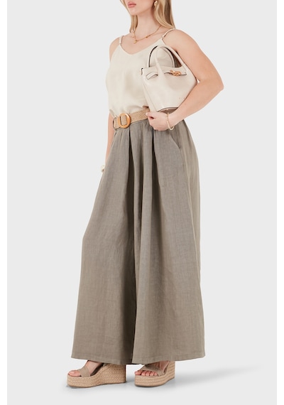Via Dante Relaxed Fit Yüksek Bel Bol Paça Keten Pantolon Bayan Pantolon 7544 Toprak
