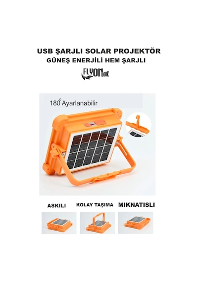 Şarjlı Hem Güneş Enerjli Solar Projektör 4000 Lümel 5 Işık Modlu Lamba Fener Solar Panel Portatif
