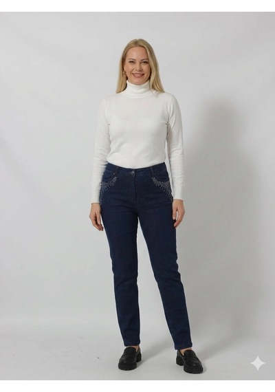 Moda Berray 25-p-005 Cebi Taş Baskılı Yuksel Bel Dar Paça Kot Pantolon Mavi