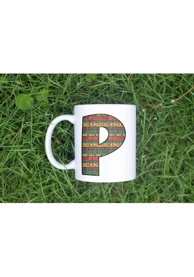 P Harfi Etnik Desenli Kupa - Afrika Tarzı Kahve Çay Kupası - Hediyelik - Black History Beyaz