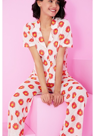 Siyah İnci Pointel Ajurlu/delikli Gömlek Yaka Örme Düğmeli Pijama Takım Beyaz Kırmızı Papatya