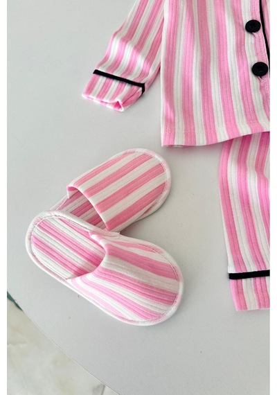 Minigimin Cicileri Çizgi Desenli Terlikli Kız Çocuk Pijama Takımı - Açık Pembe Minigimin Cicileri Çizgi Desenli Terlikli Kız Çocuk Pijama Takımı - Açık Pembe