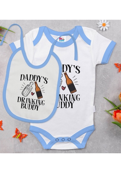 Bk Kids Daddy's Drinking Buddy Tasarımlı Mavi Bebek Body Zıbın Ve Çok Renkli