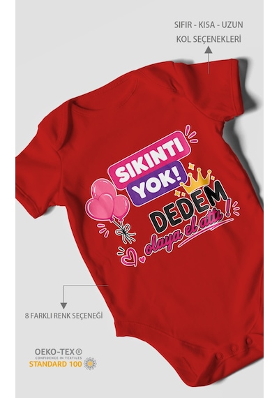 Morivokids Sıkıntı Yok Dedem Konuya El Attı Kısa Kollu Bebek Body %100 Pamuk Kırmızı